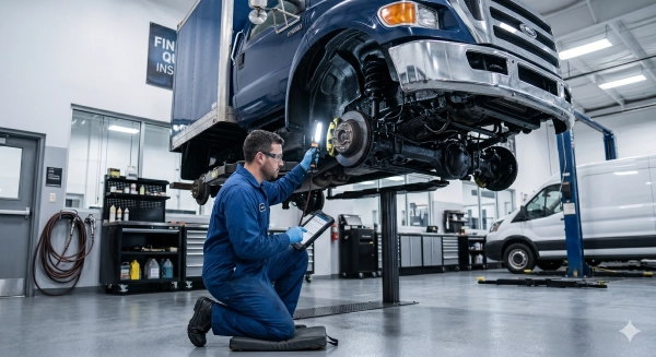 Final inspection after commercial vehicle undercoating application ensures complete protection