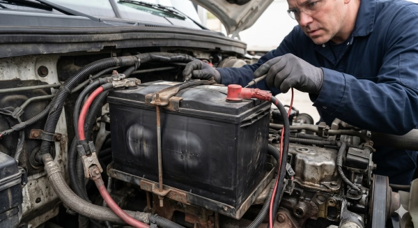 swollen battery case as a dangerous truck battery warning sign
