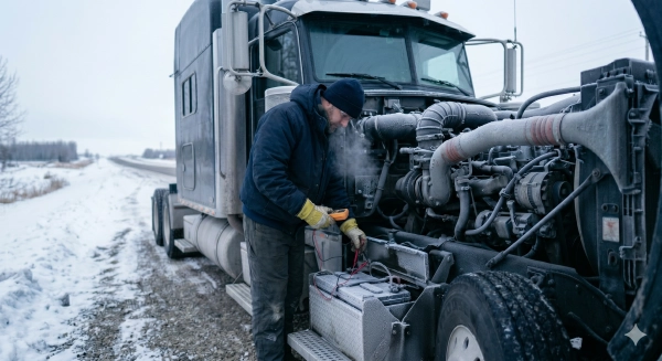 Alberta truck battery warning signs seen during roadside inspection in cold weather