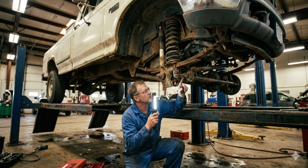 cused truck inspection undercarriage check for rust and structural damage