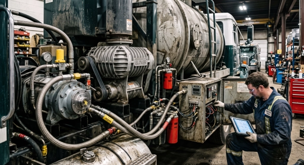 Hydrovac truck servicing showing integrated water, vacuum, and hydraulic systems