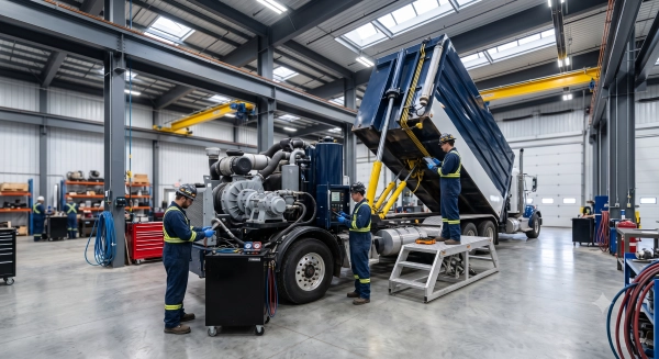 Hydrovac truck servicing at a professional heavy-duty repair facility in Alberta