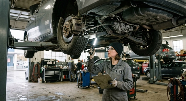 Certified mechanic performing an Out-of-Province Inspection of suspension and braking components in Alberta.