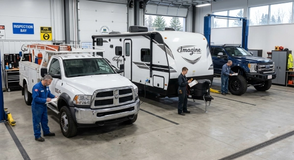 Commercial, RV, and modified vehicles undergoing an Out-of-Province Inspection in Alberta.