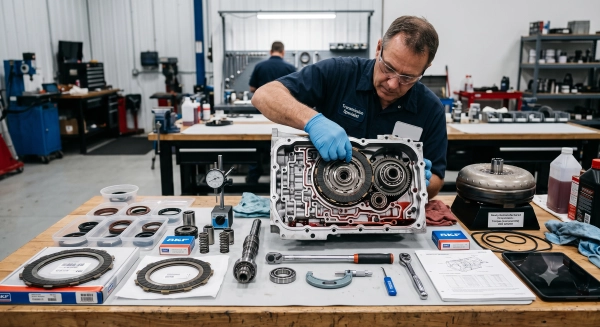 Automatic transmission rebuild with new internal components during professional repair.