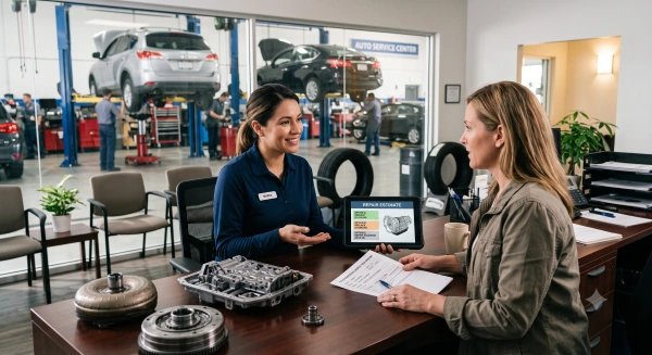 Reviewing automatic transmission repair costs and service options with a transmission specialist.